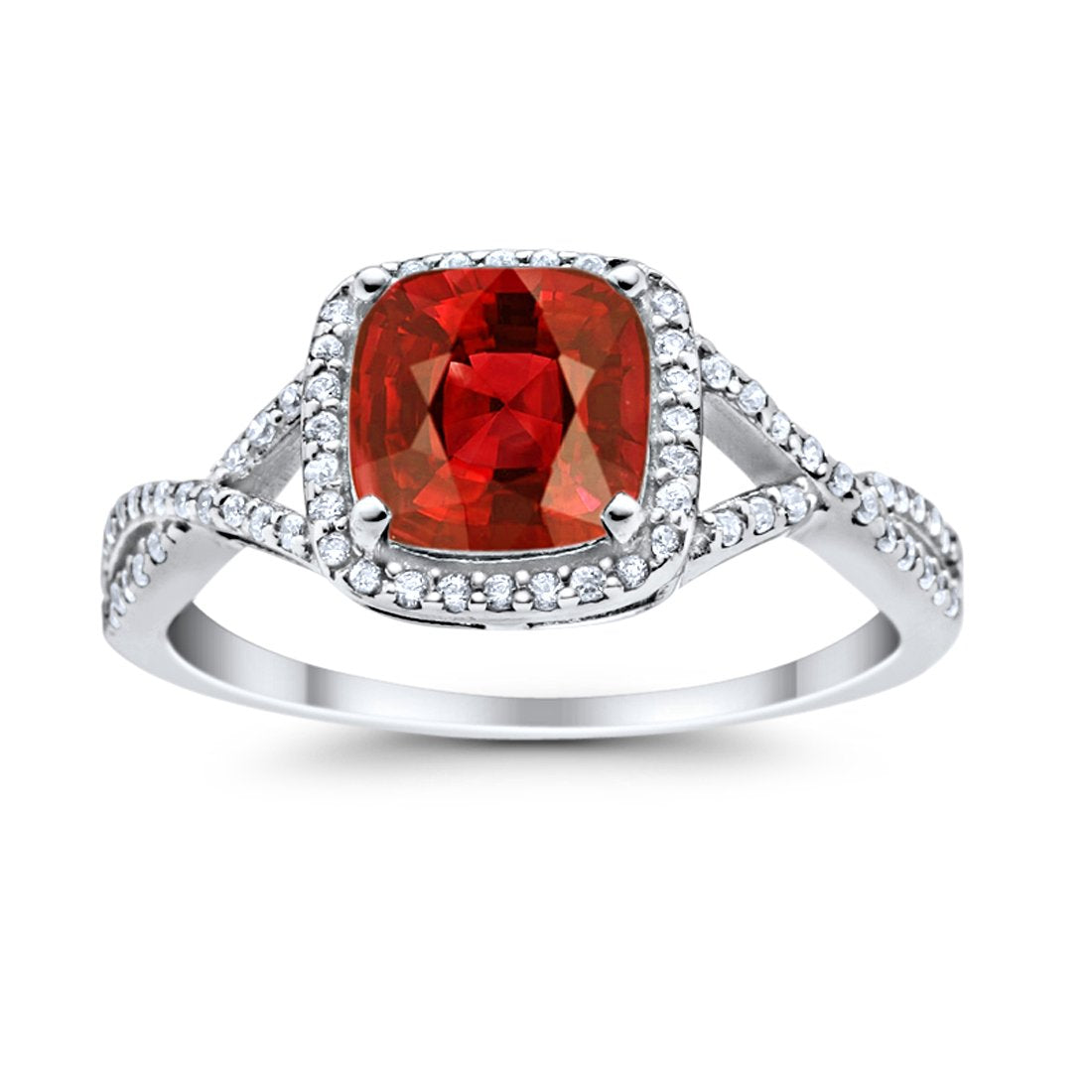 Halo Infinity Shank Engagement Ring Cushion Round Simulated Garnet CZ 925 Sterling Silver