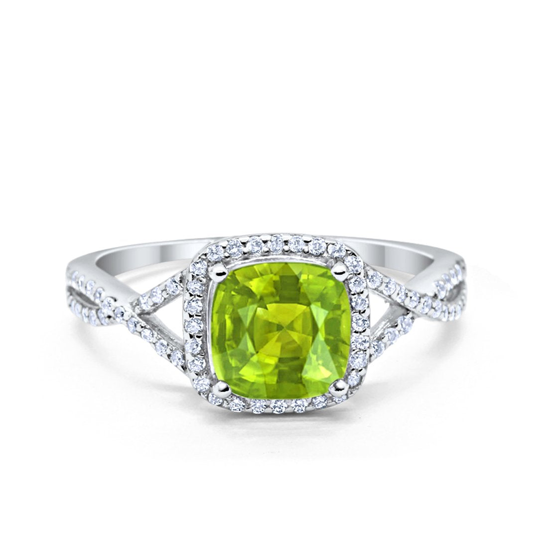 Halo Infinity Shank Engagement Ring Cushion Round Simulated Peridot CZ 925 Sterling Silver