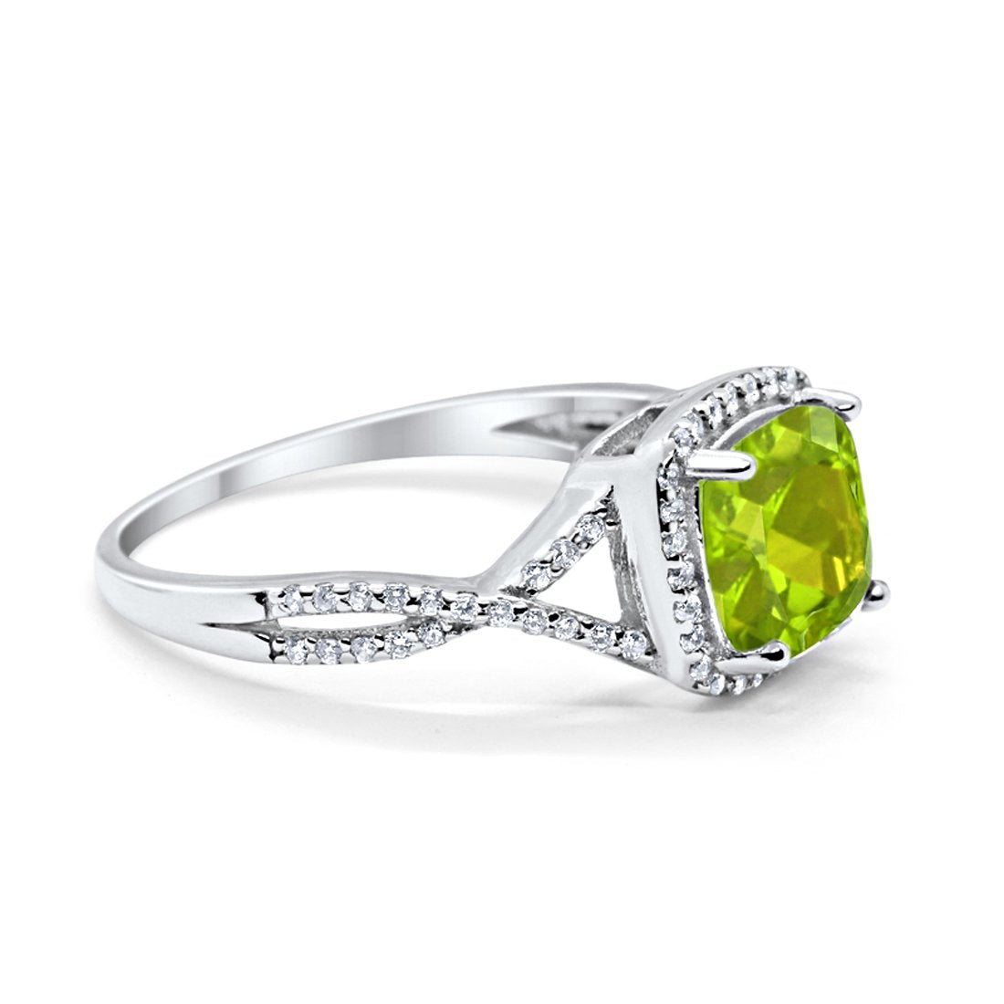 Halo Infinity Shank Engagement Ring Cushion Round Simulated Peridot CZ 925 Sterling Silver