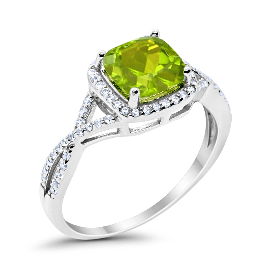 Halo Infinity Shank Engagement Ring Cushion Round Simulated Peridot CZ 925 Sterling Silver