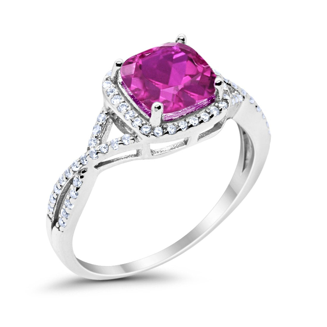 Halo Infinity Shank Engagement Ring Cushion Round Simulated Pink CZ 925 Sterling Silver