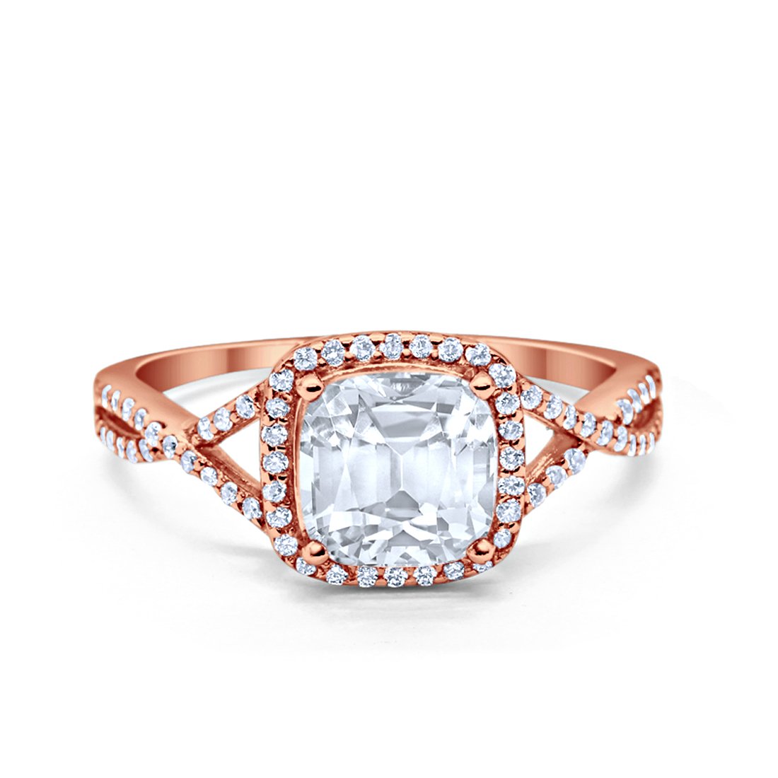 Halo Infinity Shank Engagement Ring Cushion Rose Tone, Simulated CZ 925 Sterling Silver