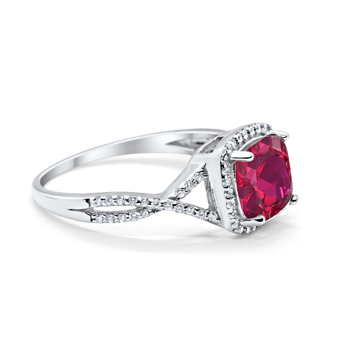 Halo Infinity Shank Engagement Ring Cushion Round Simulated Ruby CZ 925 Sterling Silver