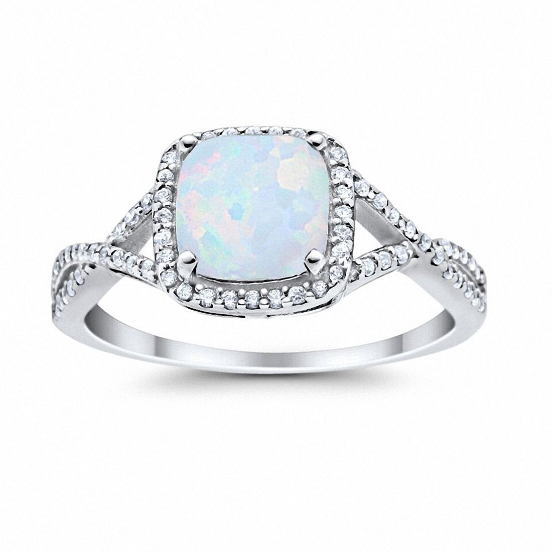 Halo Infinity Shank Engagement Ring Lab Created White Opal 925 Sterling Silver