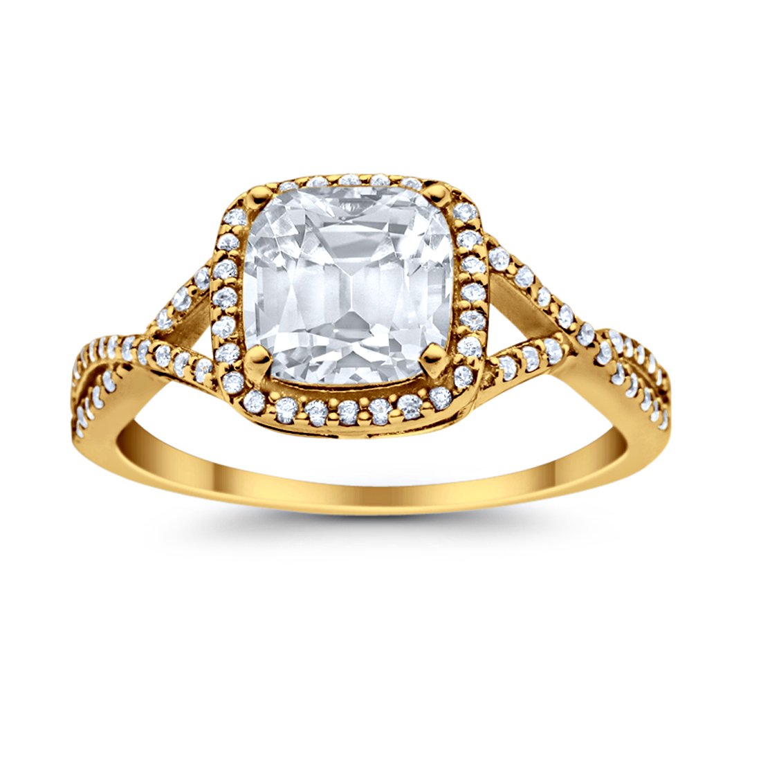 Halo Infinity Shank Engagement Ring Cushion Round Yellow Tone, Simulated CZ 925 Sterling Silver