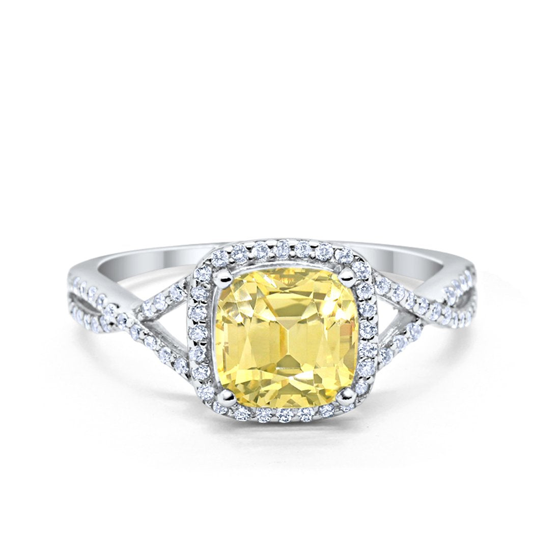 Halo Infinity Shank Engagement Ring Cushion Round Simulated Yellow CZ 925 Sterling Silver