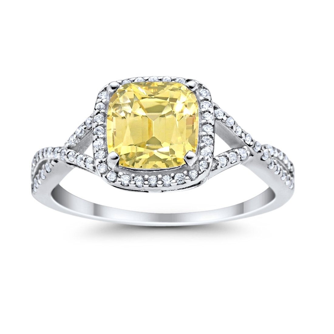 Halo Infinity Shank Engagement Ring Cushion Round Simulated Yellow CZ 925 Sterling Silver