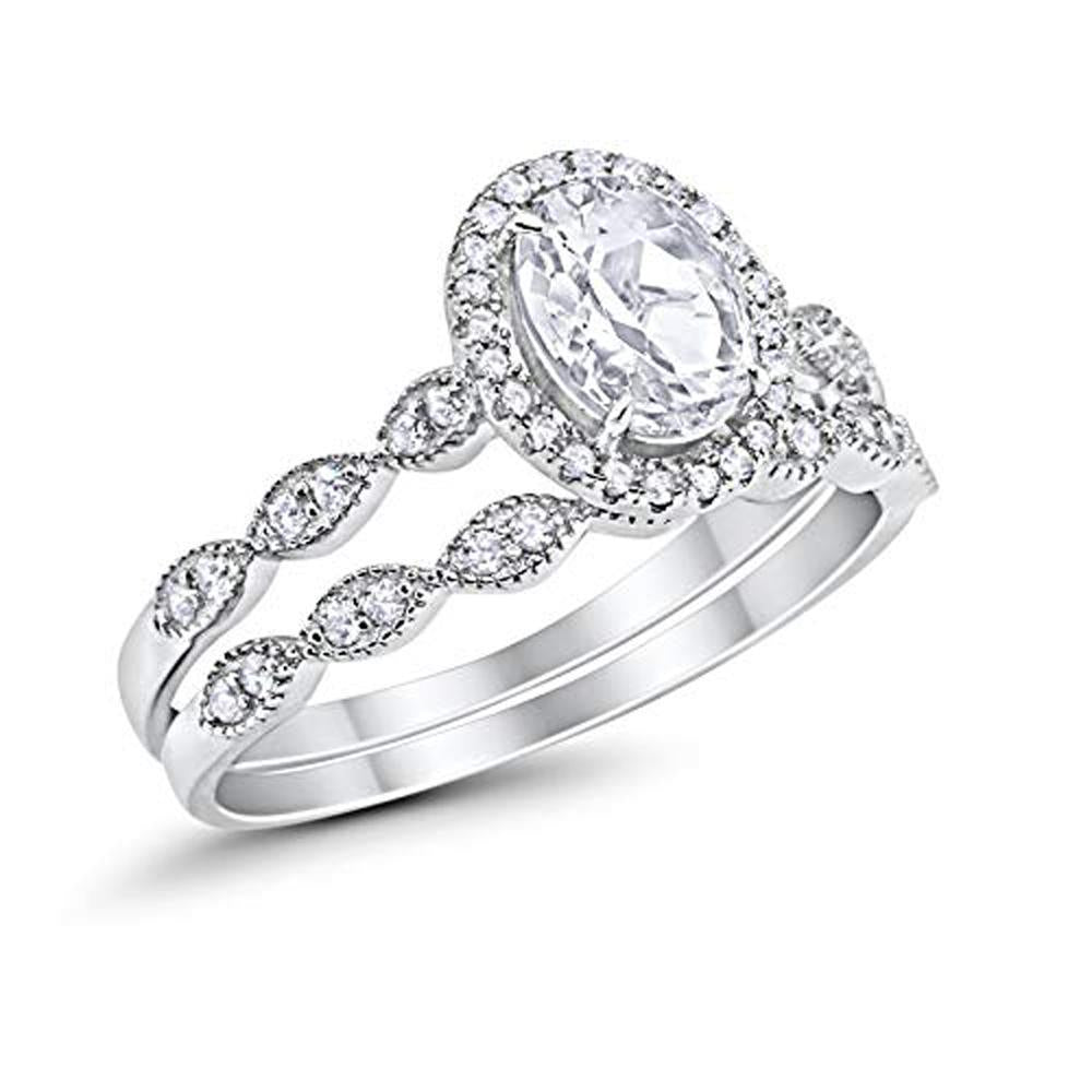 Halo Bridal Set Piece Oval Simulated Cubic Zirconia Ring 925 Sterling Silver
