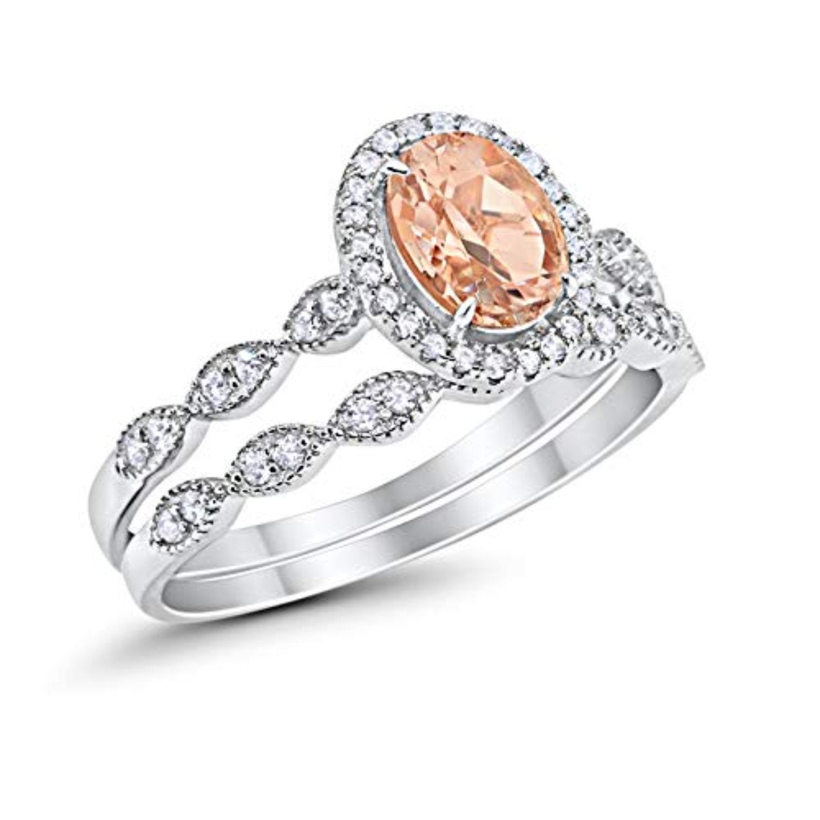 Halo Bridal Set Piece Oval Simulated Morganite CZ Ring 925 Sterling Silver