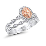 Halo Bridal Set Piece Oval Simulated Morganite CZ Ring 925 Sterling Silver