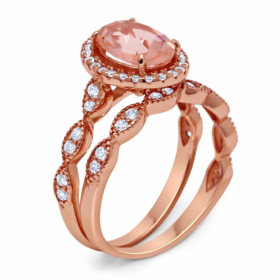 Halo Bridal Set Piece Oval Rose Tone, Simulated Morganite CZ Ring 925 Sterling Silver