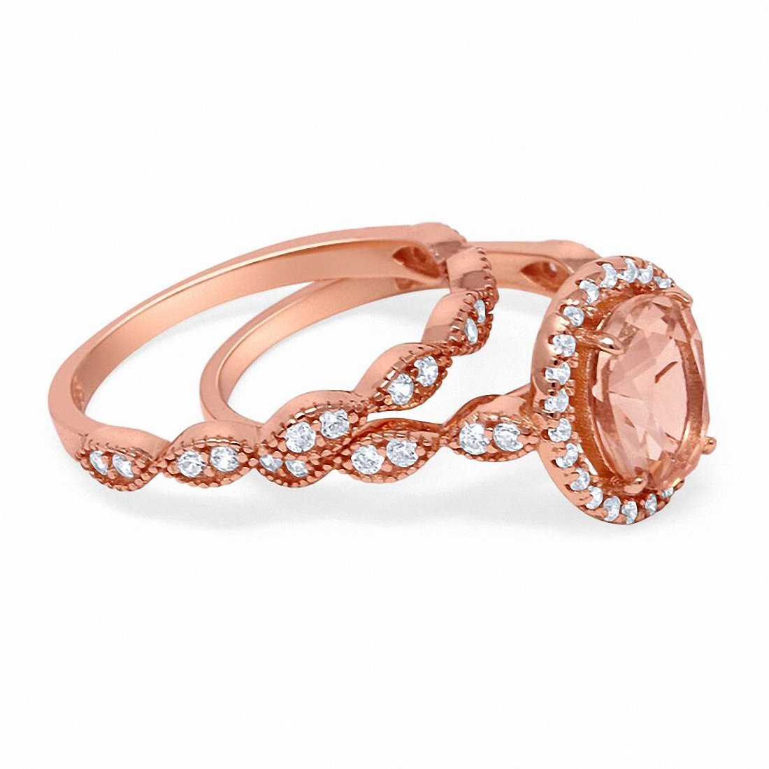 Halo Bridal Set Piece Oval Rose Tone, Simulated Morganite CZ Ring 925 Sterling Silver