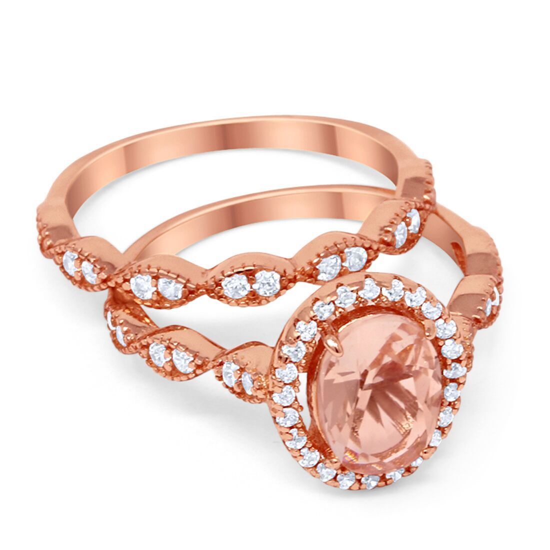 Halo Bridal Set Piece Oval Rose Tone, Simulated Morganite CZ Ring 925 Sterling Silver