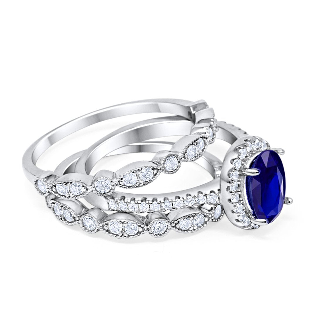 Three Piece Halo Engagement Ring Oval Simulated Blue Sapphire CZ 925 Sterling Silver