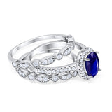 Three Piece Halo Engagement Ring Oval Simulated Blue Sapphire CZ 925 Sterling Silver