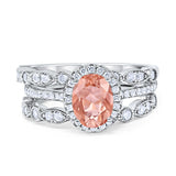 Three Piece Halo Engagement Ring Oval Simulated Morganite CZ 925 Sterling Silver