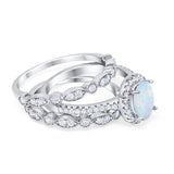 Three Piece Engagement Ring Oval Created White Opal 925 Sterling Silver