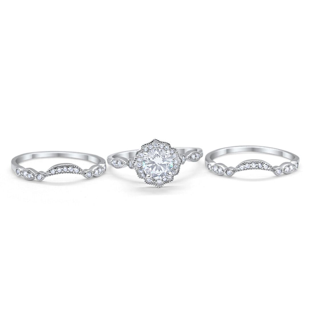 Three Piece Engagement Ring Band Simulated CZ 925 Sterling Silver