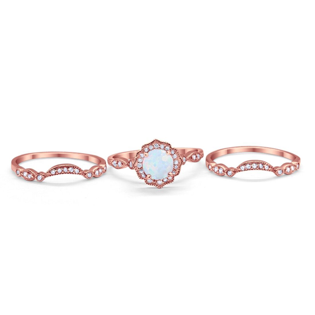 Halo Three Piece Wedding Rose Tone, Lab Created White Opal Ring 925 Sterling Silver