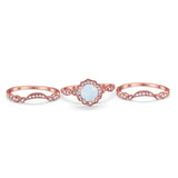 Halo Three Piece Wedding Rose Tone, Lab Created White Opal Ring 925 Sterling Silver