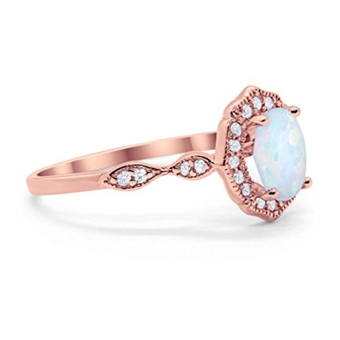 Antique Style Wedding Ring Round Rose Tone, Lab Created White Opal 925 Sterling Silver
