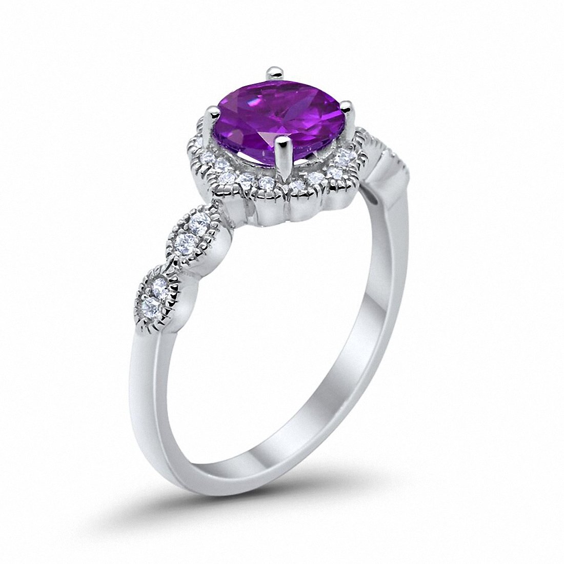 Floral Art Engagement Ring Round Simulated Amethyst CZ 925 Sterling Silver