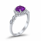 Floral Art Engagement Ring Round Simulated Amethyst CZ 925 Sterling Silver