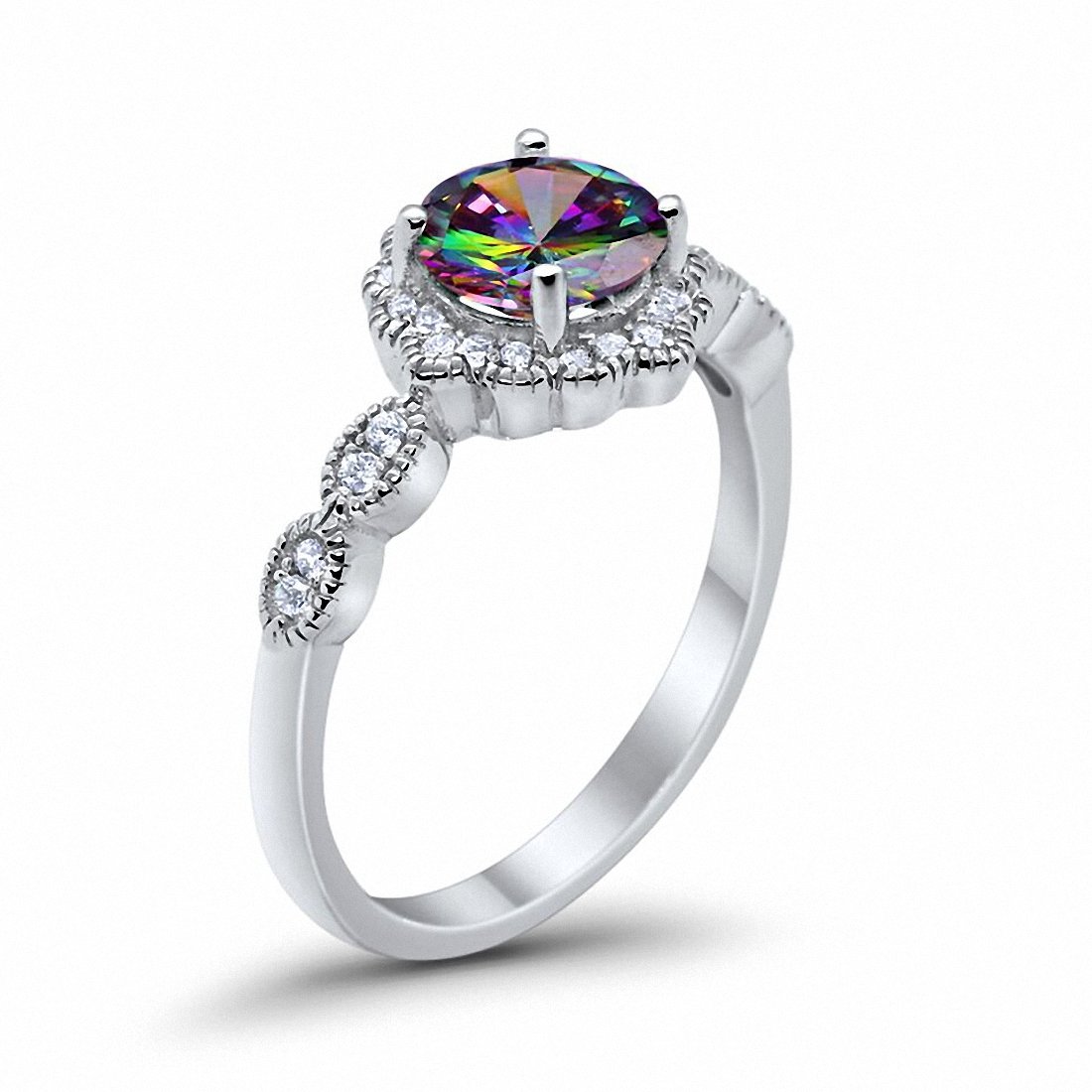 Floral Art  Engagement Ring Simulated Rainbow CZ 925 Sterling Silver