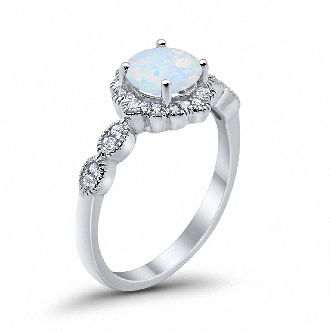 Floral Art Wedding Engagement Ring Lab Created White Opal 925 Sterling Silver