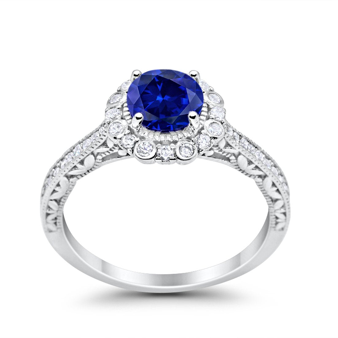 Filigree Engagement Bridal Ring Simulated Blue Sapphire CZ 925 Sterling Silver