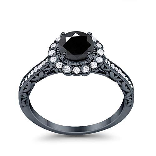 Filigree Halo Engagement Bridal Ring Round Black Tone, Simulated Black CZ 925 Sterling Silver