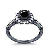 Filigree Halo Engagement Bridal Ring Round Black Tone, Simulated Black CZ 925 Sterling Silver