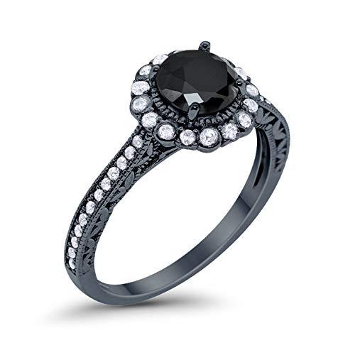 Filigree Halo Engagement Bridal Ring Round Black Tone, Simulated Black CZ 925 Sterling Silver