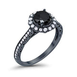 Filigree Halo Engagement Bridal Ring Round Black Tone, Simulated Black CZ 925 Sterling Silver