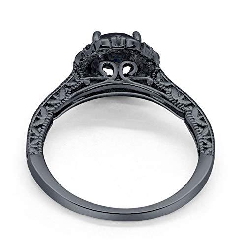 Filigree Halo Engagement Bridal Ring Round Black Tone, Simulated Black CZ 925 Sterling Silver