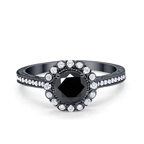 Filigree Halo Engagement Bridal Ring Round Black Tone, Simulated Black CZ 925 Sterling Silver