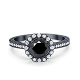 Filigree Halo Engagement Bridal Ring Round Black Tone, Simulated Black CZ 925 Sterling Silver