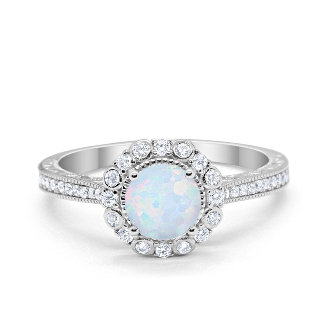 Filigree Engagement Bridal Ring Lab Created White Opal 925 Sterling Silver