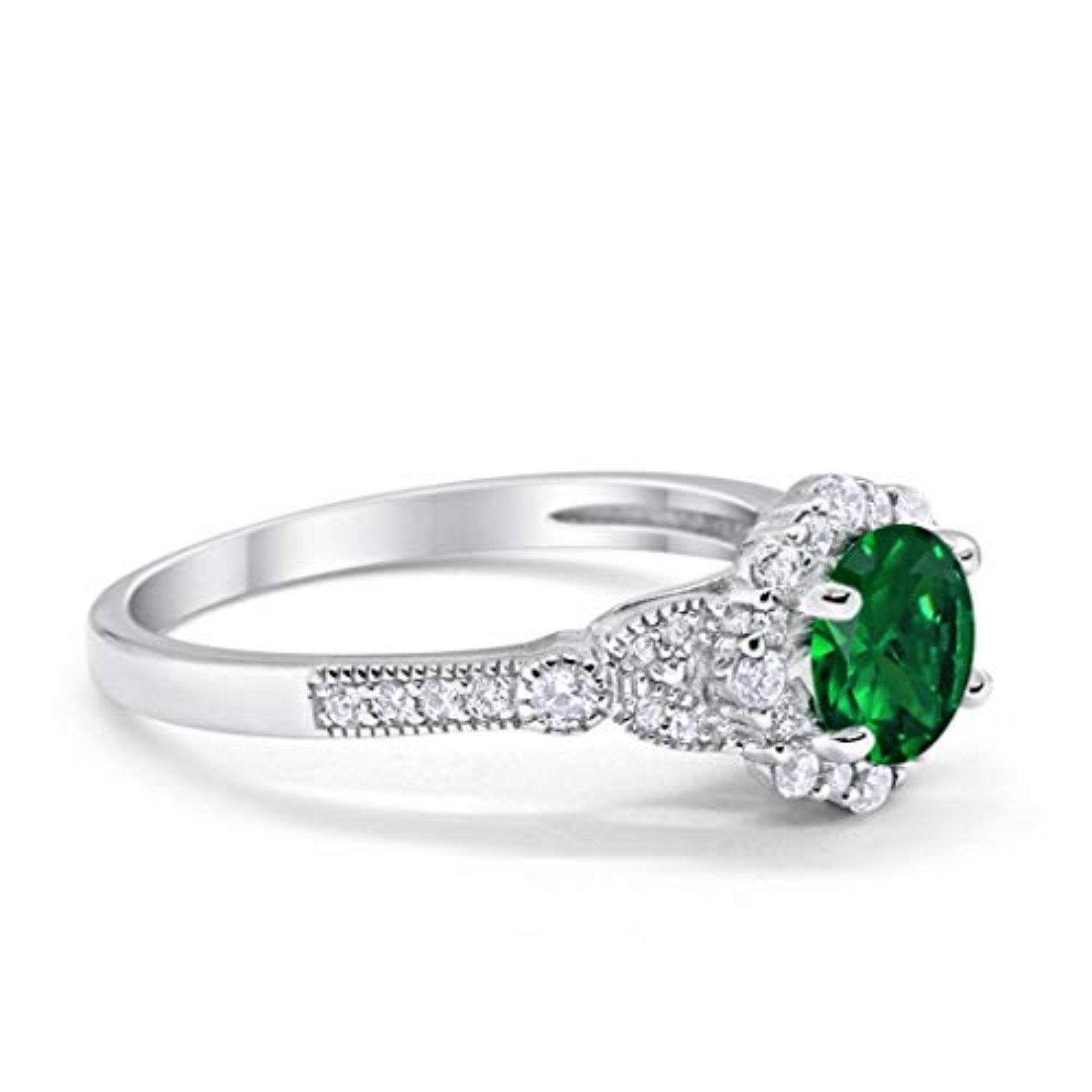 Floral Art Deco Engagement Ring Simulated Green Emerald CZ 925 Sterling Silver