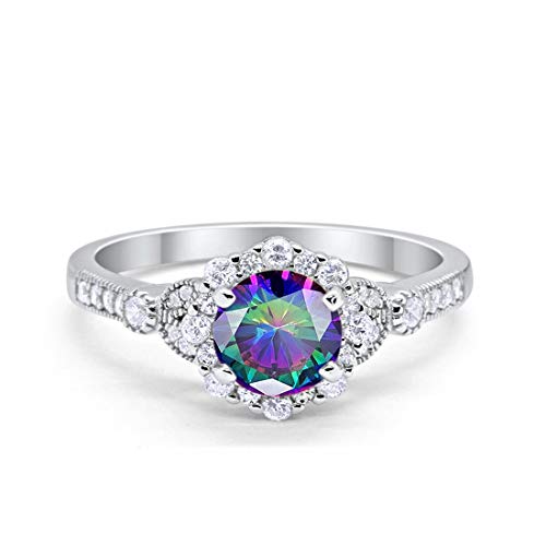 Floral Art Deco Engagement Ring Simulated Rainbow CZ 925 Sterling Silver