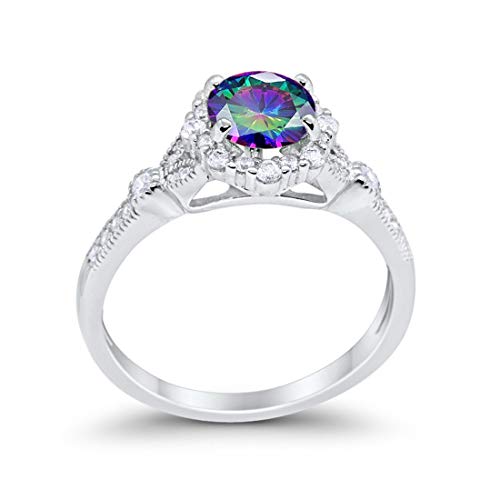 Floral Art Deco Engagement Ring Simulated Rainbow CZ 925 Sterling Silver