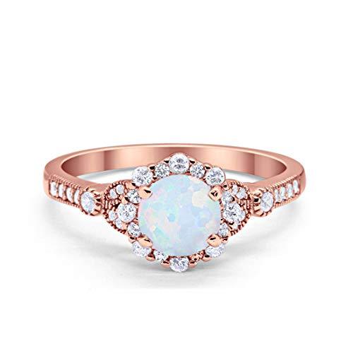 Floral Art Deco Engagement Ring Rose Tone, Lab Created White Opal 925 Sterling Silver