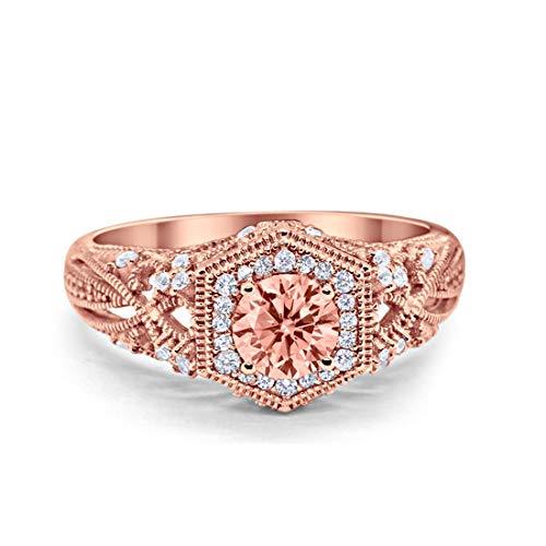 Fancy Art Deco Wedding Ring 925 Sterling Silver Round Rose Tone, Simulated Morganite CZ