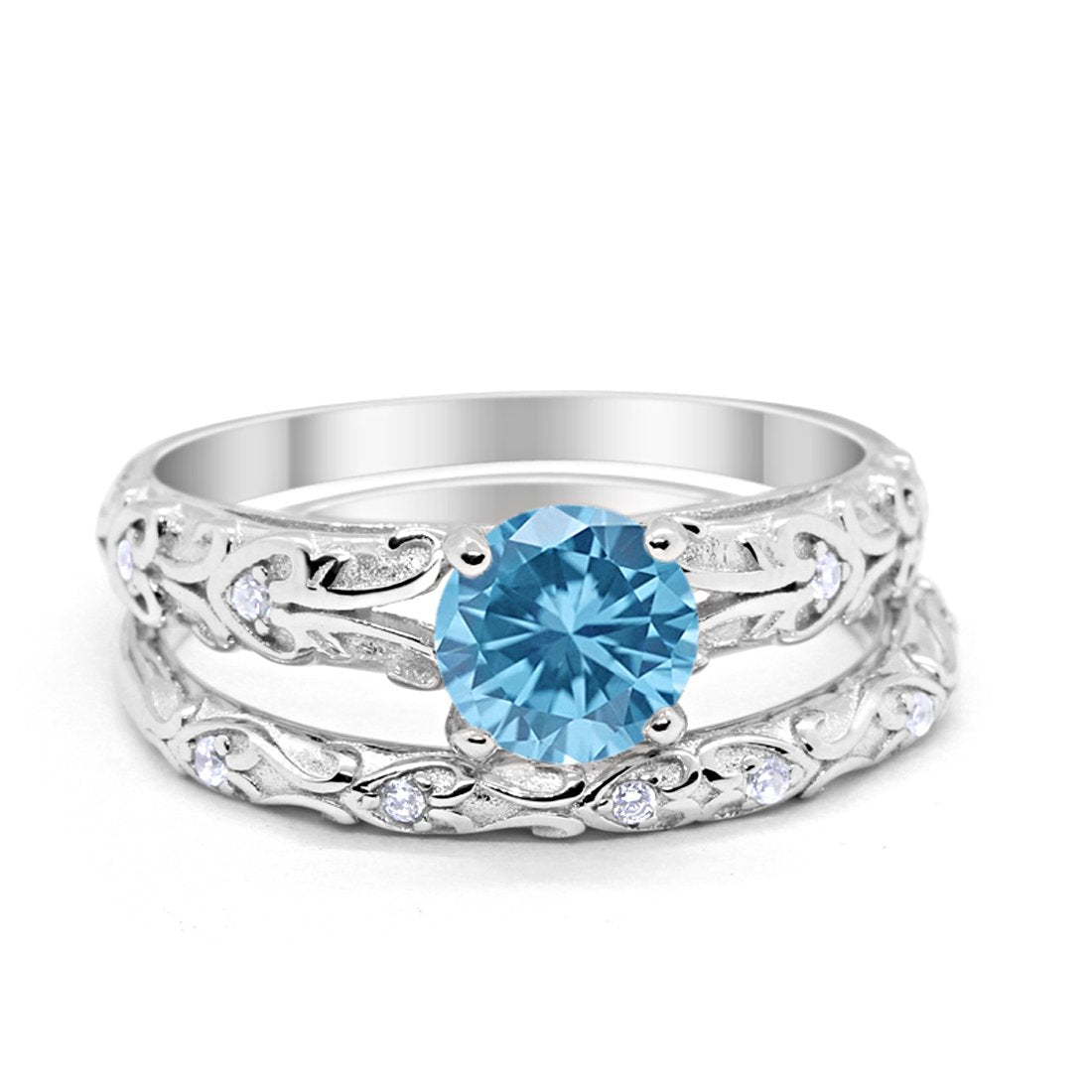 Art Deco Two Piece Wedding Ring Simulated Aquamarine CZ 925 Sterling Silver