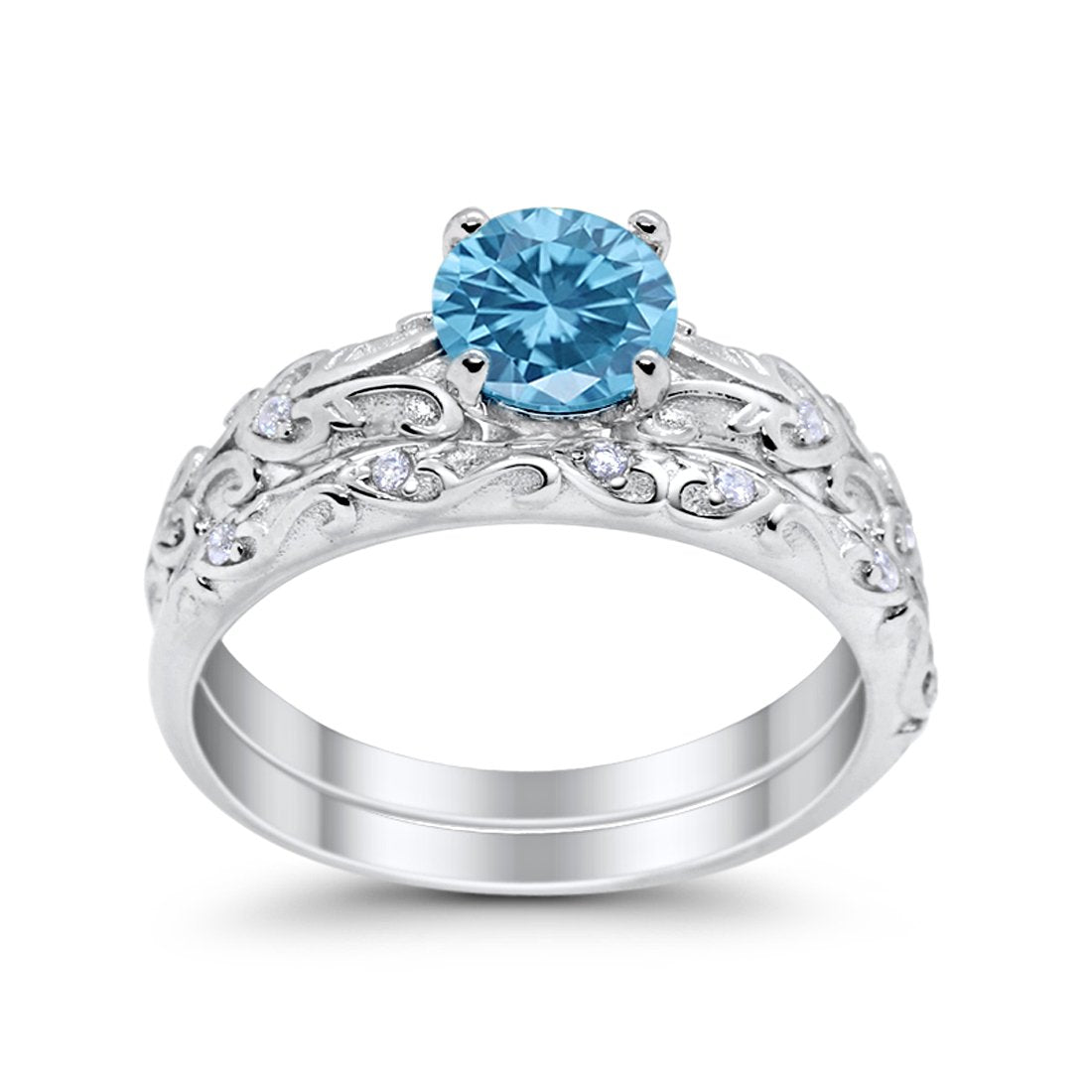 Art Deco Two Piece Wedding Ring Simulated Aquamarine CZ 925 Sterling Silver