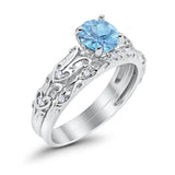 Art Deco Two Piece Wedding Ring Simulated Aquamarine CZ 925 Sterling Silver