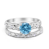 Art Deco Two Piece Wedding Ring Simulated Aquamarine CZ 925 Sterling Silver