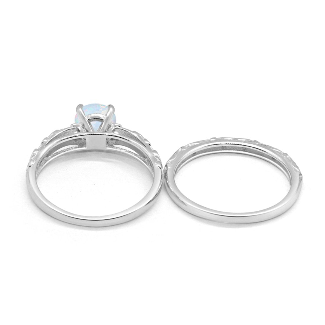 Art Deco Two Piece Engagement Ring Round Lab Created White Opal 925 Sterling Silver