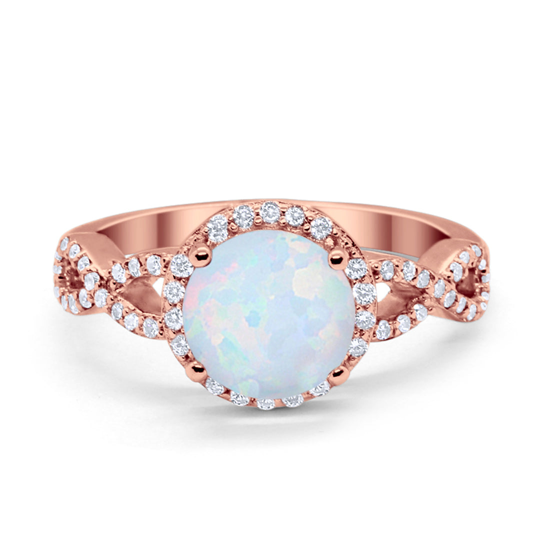 Halo Infinity Wedding Ring Round Rose Tone, Lab Created White Opal 925 Sterling Silver