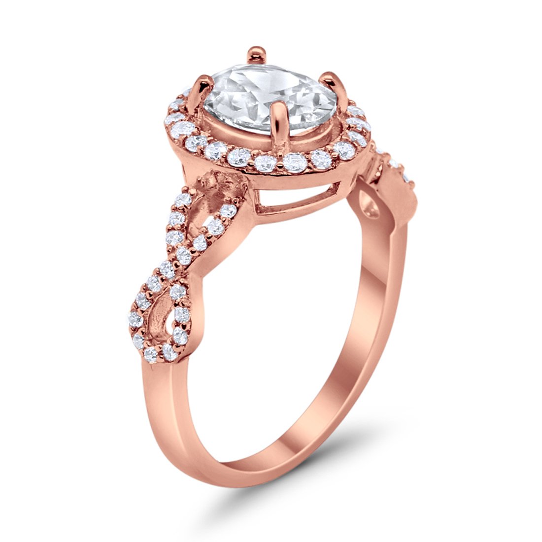 Art Deco Halo Wedding Ring Oval Rose Tone, Simulated Cubic Zirconia 925 Sterling Silver